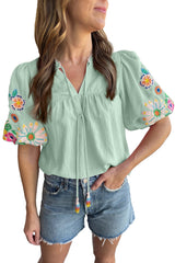 Clearly Aqua Floral Embroidered Puff Sleeve Split Neck Blouse