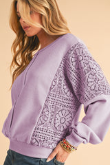 Orchid Petal Crochet Patchwork Exposed Seam Ribbed Trim Sweatshirt