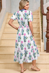 White Floral Ruffle Hem Pop of Color Neckline Dress