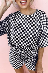 Black Checkered Top and Drawstring Shorts Pajama Set