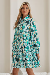 Blackish Green Flower Print Smocked Cuffs Tiered Mini Dress