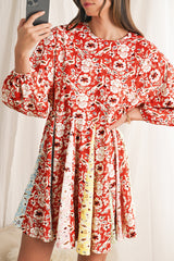 Red Boho Floral Patchwork Long Sleeve Pleated Dress