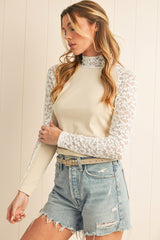 Beige Floral Lace Patchwork Long Sleeve High Neck Slim Top