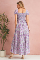 Purple Floral Short Bubble Sleeve Smocked High Waist Maxi Dress