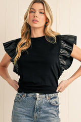 Black Leather Ruffle Shoulder Plain Blouse