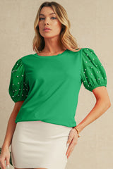 Bright Green Pearl Beaded Puff Sleeve Ribbed Top