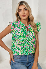 Green Abstract Print Frill Split Neck Ruffle Sleeveless Top
