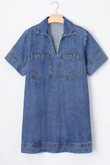 Blue Short Sleeve Collared Chest Pocket Denim Mini Dress