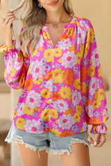 Rose Flower Print V Neck Relaxed Sleeve Blouse