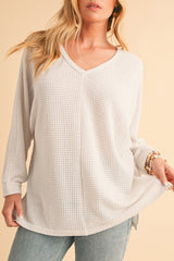 White Waffle Knit Side Slits Loose Fit V Neck Top