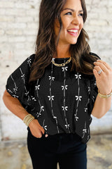 Black Bow Print Striped Puff Short Sleeve Blouse