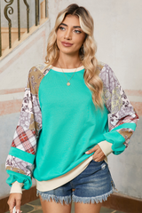 Aruba Blue Plaid Paisley Patchwork Long Sleeve Top
