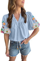Beau Blue Floral Embroidered Puff Sleeve Split Neck Blouse