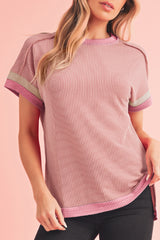 Light Pink Textured Colorblock Round Neck T Shirt