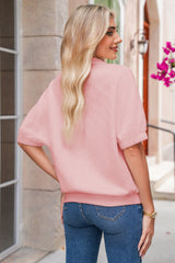 Light Pink Puff Sleeve Zipper Pop of Color Neckline Blouse