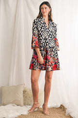 Black Abstract Print V-Neck Tiered Mini Dress