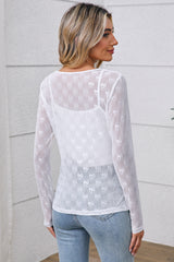White Bow Pattern Long Sleeve Slim Fit Mesh Top