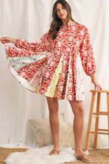 Red Boho Floral Patchwork Long Sleeve Pleated Dress