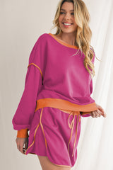 Rose Red Contrast Trim Loose Pullover and Lace-up Waist Shorts Set