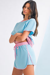 Turquoise Colorblock Edge Drop Shoulder T Shirt and Skort Set