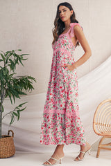 Pink Floral Lace Tied Strap Empire Waist Maxi Dress