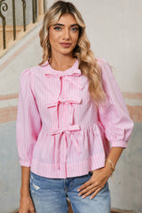 Pink Striped Print Sweet Bow Tie Blouse