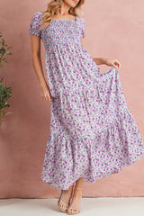 Purple Floral Short Bubble Sleeve Smocked High Waist Maxi Dress