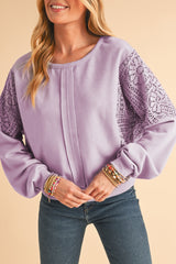 Orchid Petal Crochet Patchwork Exposed Seam Ribbed Trim Sweatshirt