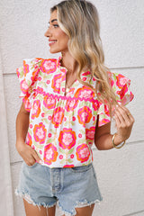 Rose Boho Floral Print Ricrac Ruffle Sleeve Blouse