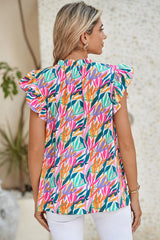 Rose Red Abstract Print Ruffled Flutter Shoulder Blouse