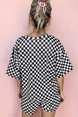 Black Checkered Top and Drawstring Shorts Pajama Set