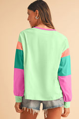 Green Color Block Sleeve Loose Fit Top