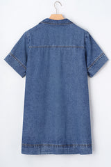 Blue Short Sleeve Collared Chest Pocket Denim Mini Dress