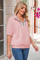 Light Pink Puff Sleeve Zipper Pop of Color Neckline Blouse