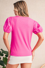 Bright Pink Pearl Beaded Puff Sleeve Ribbed Top