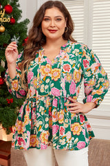 Green Floral Print V Neck Plus Size Babydoll Top