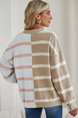 Khaki Stripe Exposed Seam Loose Sweater