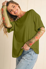 Fern Green Floral Mesh Patchwork Sleeve Crewneck Top