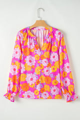 Rose Flower Print V Neck Relaxed Sleeve Blouse