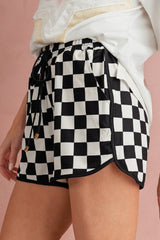 Black Checkered Drawstring Elastic Waist Casual Shorts