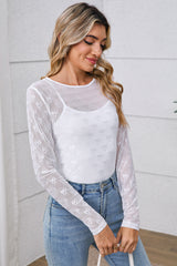 White Bow Pattern Long Sleeve Slim Fit Mesh Top
