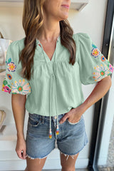 Clearly Aqua Floral Embroidered Puff Sleeve Split Neck Blouse