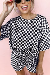 Black Checkered Top and Drawstring Shorts Pajama Set