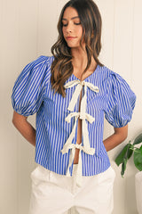 Blue Stripe Bow Tie Front Puff Short Sleeve Blouse