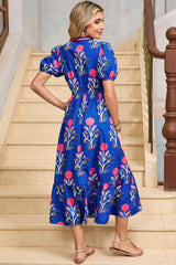 Sky Blue Floral Ruffle Hem Pop of Color Neckline Dress