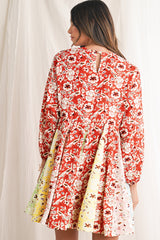 Red Boho Floral Patchwork Long Sleeve Pleated Dress