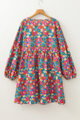 Sky Blue Floral Allover Print Shirred Plus Size Mini Dress