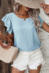 Mist Blue Solid Color Ruffle Sleeve Crinkled Blouse