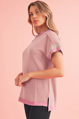 Light Pink Textured Colorblock Round Neck T Shirt