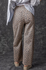 Khaki Leopard Print Drawstring Waist Pocketed Wide Leg Jeans